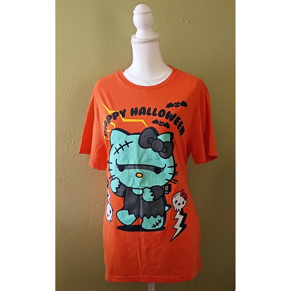 Retro Halloween Kawaii Orange Cotton Hello Kitty Graphic Tee Womens L Large